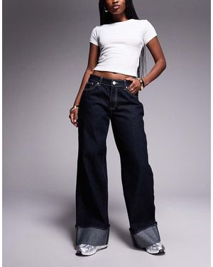 Liquor N Poker Baggy Denim Jeans Met Riempje Achter, Halfhoge Taille, Omslag En Contrasterende Stiksels - Blauw