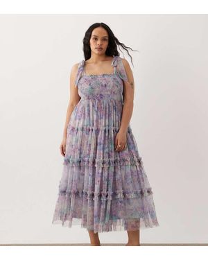 Lace & Beads Plus Bow Shoulder Shirred Ruffle Midi Dress - Purple