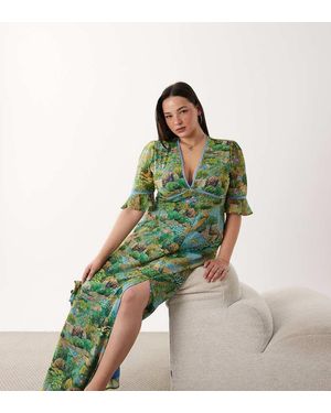 Hope & Ivy Plus Frill Sleeve Thigh Split Open Back Maxi Dress - Green