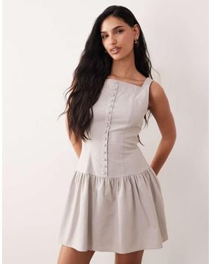 Kaiia Vestido Corto Con Cuello Cuadrado Y Detalle De Botones De Mezcla De Lino Exclusivo De - Gris