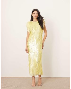 ARRANGE Embellished Geo Sequin Shoulder Pad Midi Dress - Yellow