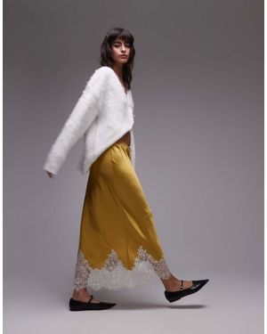 TOPSHOP Falda Larga Amarillo Verdoso De Satén Con Detalle Blanco Marfil De Encaje De