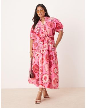 Hope & Ivy Plus Puff Sleeve Midi Shirt Dress - Pink