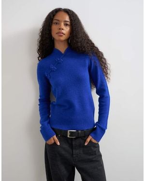 TOPSHOP Gebreide Top Met Diepe Rib, Opstaande Kraag En Lange Mouwen, Van Wol - Blauw