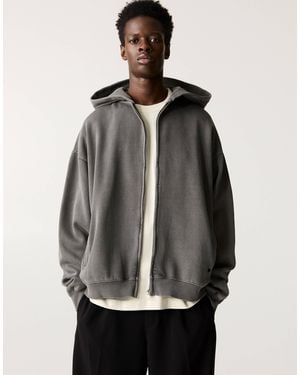Pull&Bear Zip Through Boxy Hoodie - Gray