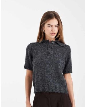 New Look Knitted Polo T-shirt - Grey