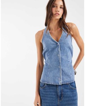 Object Top Vaquero Con Lavado, Cuello Halter Y Lazada En La Cintura De - Azul