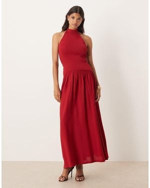 Mango Halterneck Drop Waist Maxi Dress - Red