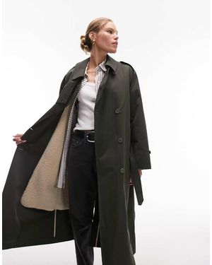 TOPSHOP 2 In 1 Borg Zip-out Trench In Dark Green - Black