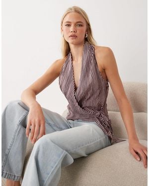 Mango Top dos nu à nouer à la taille imprimé rayures bordeaux - Gris