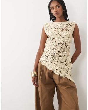 Mango Cotton Rich Sleeveless Aysmmetric Crochet Top - Natural