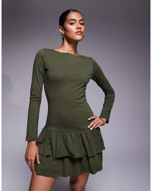 Fashionkilla Exclusive Cotton Long Sleeve Drop Waist Ruffle Hem Mini Dress - Green