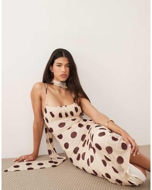ASOS Ruched Bust Polka Dot Printed Strappy Maxi Dress With Scarf Detail - Pink