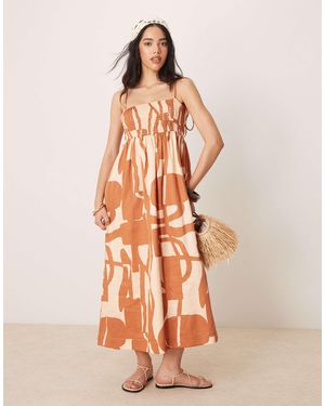 ASOS – maxikleid aus baumwoll-satin mit gesmoktem dekolleté und abstraktem muster - Mehrfarbig
