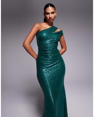 Goddiva One Shoulder Sequin Evening Maxi - Green
