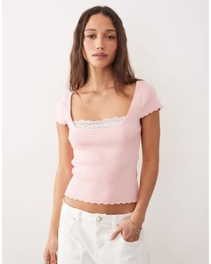 Miss Selfridge Cap Sleeve Ribbed Knitted Top With Lace Detail - Pink