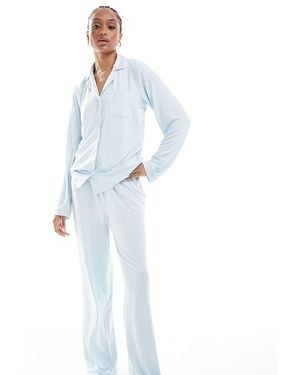 Loungeable Pijama Azul Hielo De Pantalones De Pernera Ancha Y Top Con Cuello De Solapas Y Detalle De Ribetes De Tejido Muy Suave De Tall