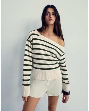 Bershka Asymmetric Rustic Stripe Jumper - Green