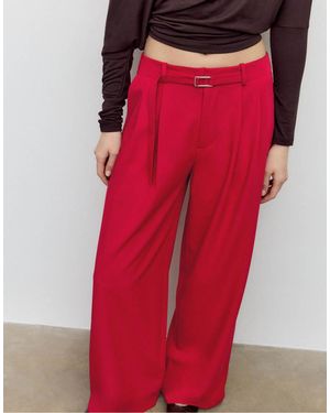Stradivarius Smart Wide-leg Trousers With Buckle Detail - Red
