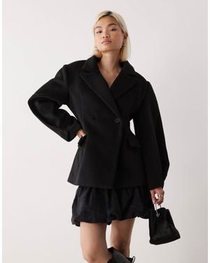 Lioness Heart Shaped Wool Touch Double Breasted Cinched Waist Barrel Sleeve Coat - Black