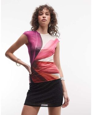 AFRM Nina Printed Mesh Cap Sleeve Crewneck Tee - Multicolour