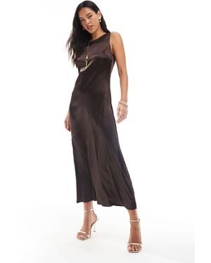Object High Neck Textured Satin Maxi Dress - Brown