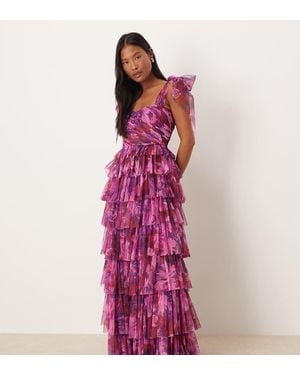 LACE & BEADS Bow Shoulder Tulle Maxi Dress - Purple