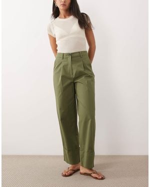 Vila High Waisted Turn Up Hem Canvas Pants - Green