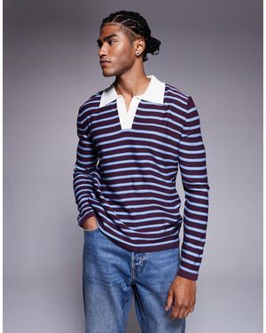 ASOS – gestrickter polo-pullover mit eingekerbtem ausschnitt und streifen - Blau