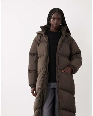 Brave Soul Maxi Length Puffer Coat - Brown