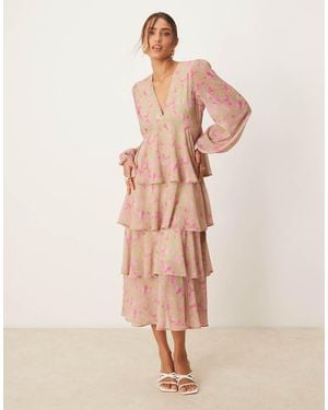 Pretty Lavish Long Sleeve Ruffle Midaxi Dress - Natural