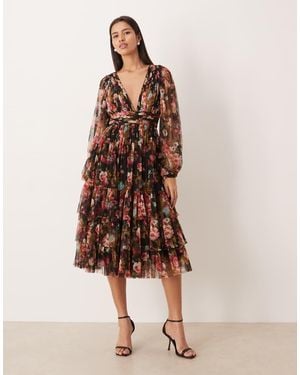 LACE & BEADS Tulle Sheer Balloon Sleeve Deep V Neck Tiered Midi Dress - Natural