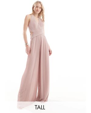 TFNC London Bridesmaid Chiffon Halter Neck Pleated Jumpsuit - Pink