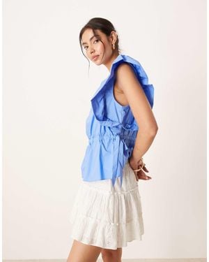Y.A.S Ruffle Sleeve Tie Waist Detail Poplin Top - Blue