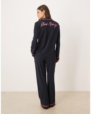 Chelsea Peers Long Button Up Pyjama Set With Good Morning Embroidery And Wavy Trim - Blue