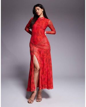 Bardot Lea Mesh Long Sleeve Ruched Waist Slit Front Maxi Dress - Red