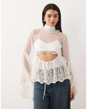 Bardot Anyssa High Neck Embroidered Lace Ruffle Cut Out Detail - Natural