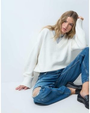 JJXX Maglione Lavorato A Maglia Con Scollo A V Color Crema - Blu