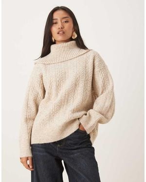 Pretty Lavish Cable Knit exaggerated Roll Neck Jumper - Natural
