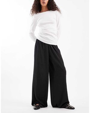 Wednesday's Girl Tie Waist Satin Wide Leg Trousers Spot Jacquard - White