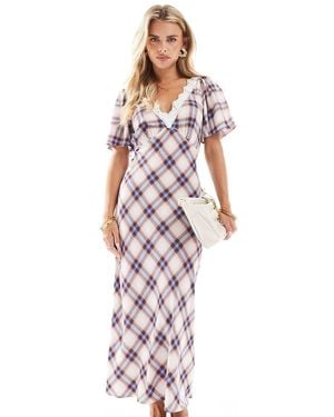 New Look Check Lace Flutter Sleeve Midi Dress - Purple
