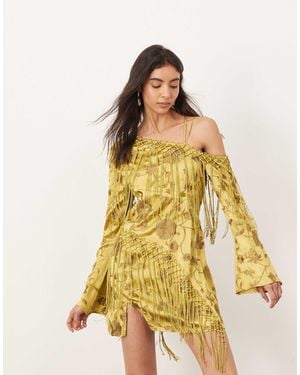 ARRANGE Embroidered Fringe Detail Off-shoulder Tie-back Mini Dress - Yellow