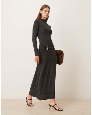 Mango High Neck Long Sleeve Maxi Dress With Buckle Detail - Black