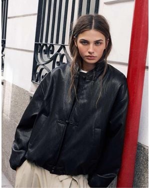 Pull&Bear Leather-effect Bomber Jacket With Fireman Clasps - Black