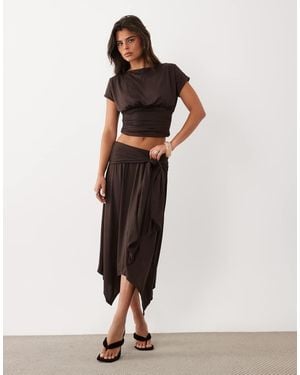 Missy Empire Soft Touch Tie Front Detail Asymmetric Hem Midi Skirt Co-Ord - Brown