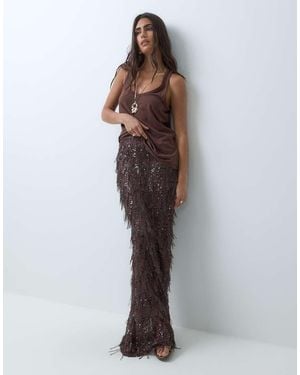ASOS Gonna Maxi A Vita Alta Con Frange E Paillettes - Marrone