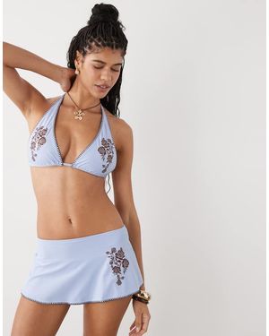 Reclaimed Vintage Halter Bikini Top With Brown Floral Embroidery - Blue
