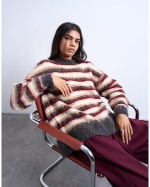 TOPSHOP Knitted Fluffy Stripe Sweater - Red