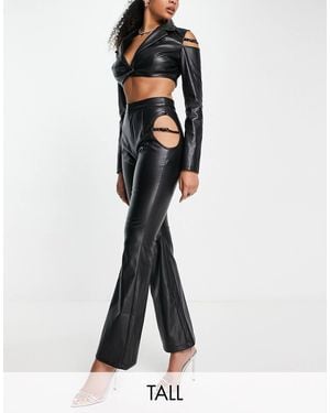 SIMMI Simmi Tall Leather Look Flared Pants With Cut Out Details - Black