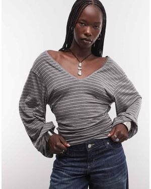 Weekday Top A Maniche Lunghe Con Scollo Profondo Drappeggiato E Vita Stretta A Righe Nere E Grigie - Grigio